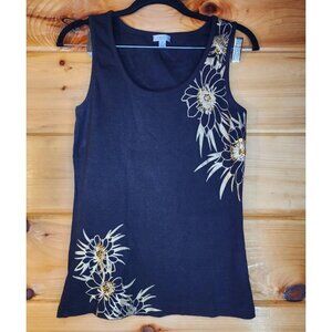 Caché Woman Size Medium Black Vivid Gold Sleeveless Soft Jersey Knit Tank Top